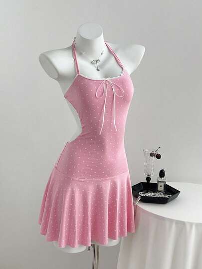 Elamini Đầm ngắn dệt kim chấm bi gợi cảm với dây đeo mảnh và ren phối hợp, thích hợp cho nữ mùa xuân, hè và thu.