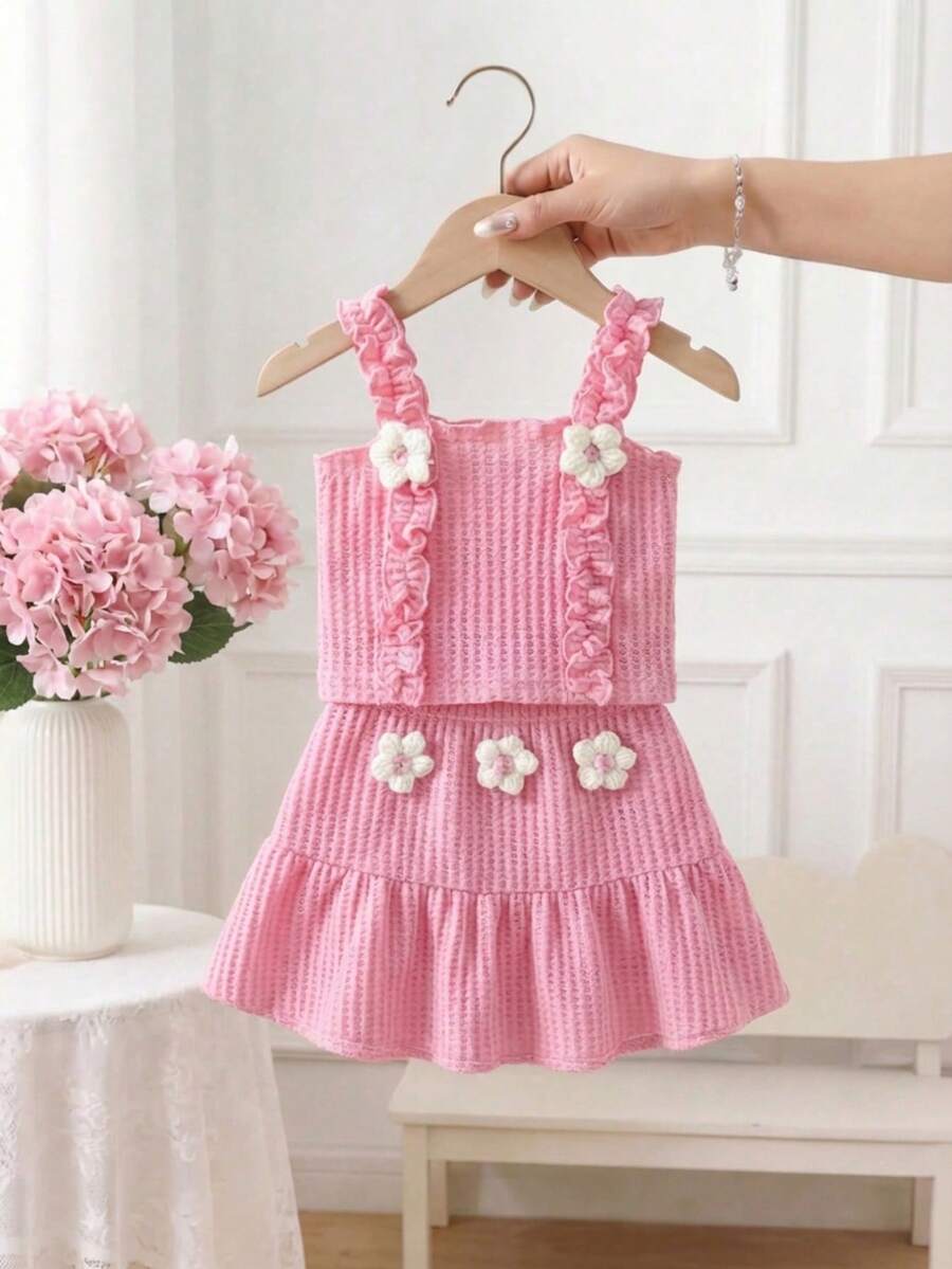 SHEIN Vintaside Kids 女婴夏季套装,可爱碎花吊带背心+可爱半裙两件套 - 粉色 - 查看 1