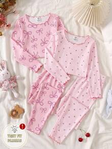 少女休闲简约修身睡衣套装，长袖上衣和长裤，适合夏季穿着 - 彩色 - 查看 2