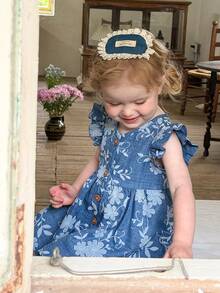 LMoss Kids Vestido azul sin mangas con mangas acampanadas y estampado floral - Azul y blanco - Ver 8