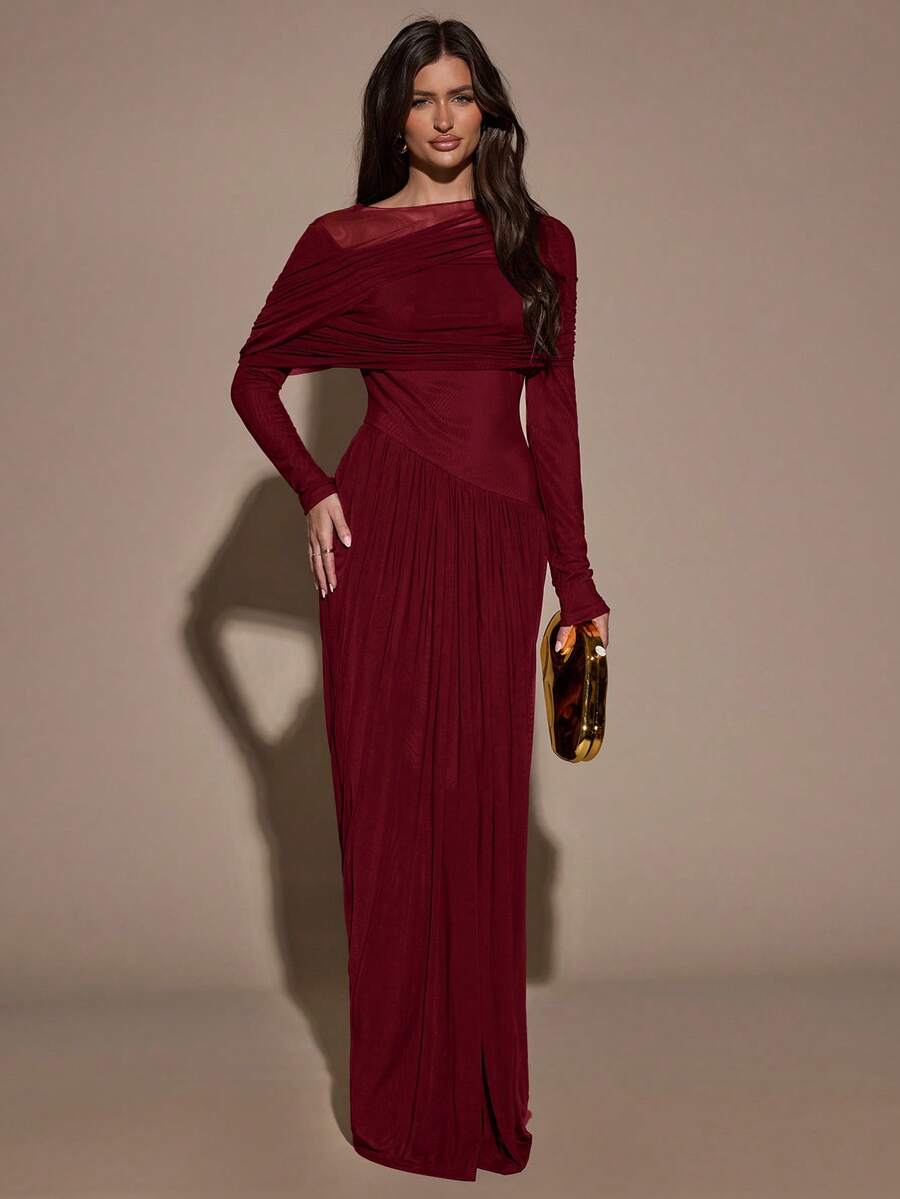 SHEIN BAE 女士优雅撞色网纱荷叶边长袖连衣裙,春夏款 - 酒紅色 - 查看 1