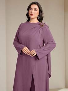 Veilorie Plus Size Women's Solid Color Long Sleeve Split Hem Long Shirt And Wide Leg Pants Casual 2-Piece Set - Purple - View 3