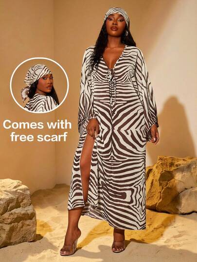 Radiana Plus Size Women's Spring/Summer Fashion Casual Sexy Sheer Swimsuit Cover Up With Free Scarf High Slit Chiffon Maxi Dress, Suitable For Everyday Wear, Music Festival, Versatile, Coachella, BOHO, Bohemian, Outing, Resort, Beach Vacation, Holiday, Seaside, Western Wear, Concert, Carnival Party, Richly Layered, Date Night, Ibiza, Nashville, Break, Modest, Chic, Club, Cute, Casual, Shopping, Streetwear, Going Out, Easy To Match & Looks Slim, Accent Your Body, Flatter The Figure Plus Size Vacation