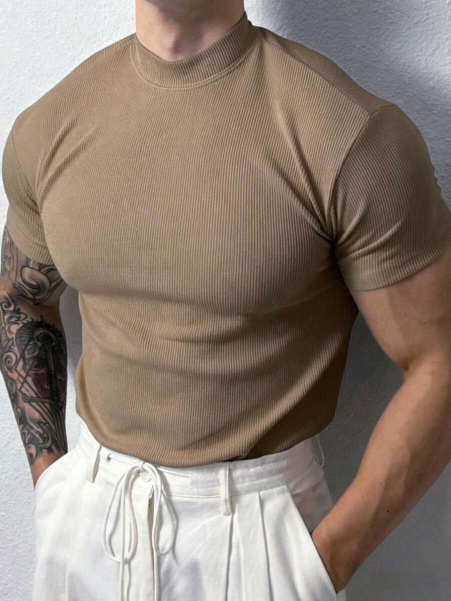 GymBeat Men's Solid Color Minimalist Casual Short Sleeve Sports T-Shirt - Khaki - View 1