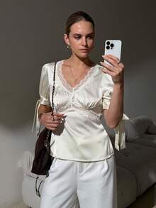 Lavishia Women's Elegant Satin & Lace Patchwork Blouse, Spring/Summer - Apricot - View 8