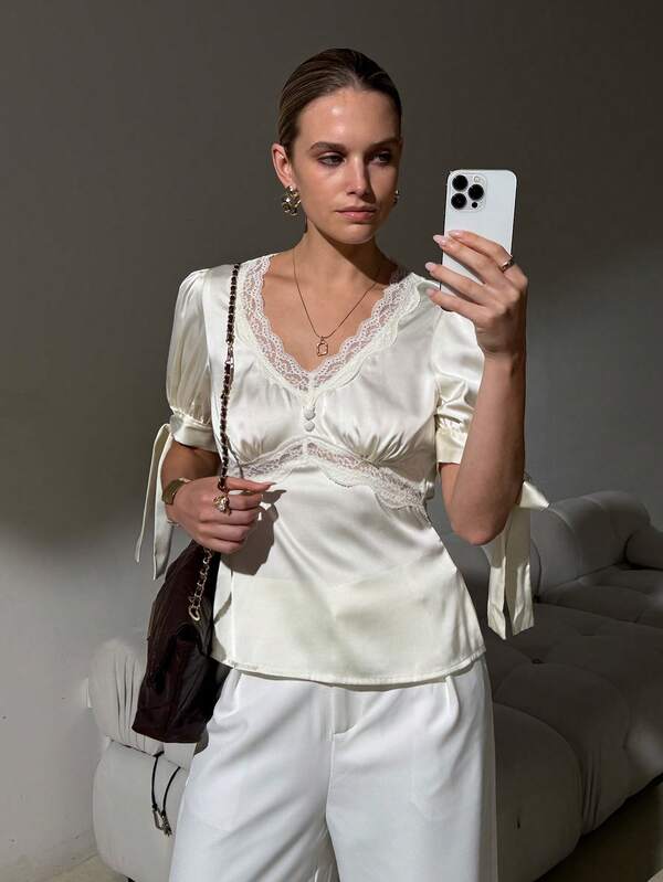 Lavishia Women's Elegant Satin & Lace Patchwork Blouse, Spring/Summer