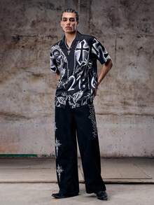 Camisa de hombre negra y blanca con estampados florales, cruciforme abstracto, rostro y pájaros - Negro - Ver 3