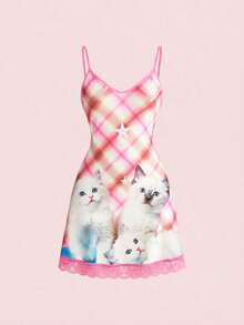 ROMWE Kawaii Y2K格子猫咪印花度假休闲街头无袖迷你连衣裙（女款） - 彩色 - 查看 11