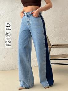 SHEIN High Rise Side Stripe Detailed 90's Light Blue Wash Loose Straight Leg Denim Jean - Light Wash - View 6