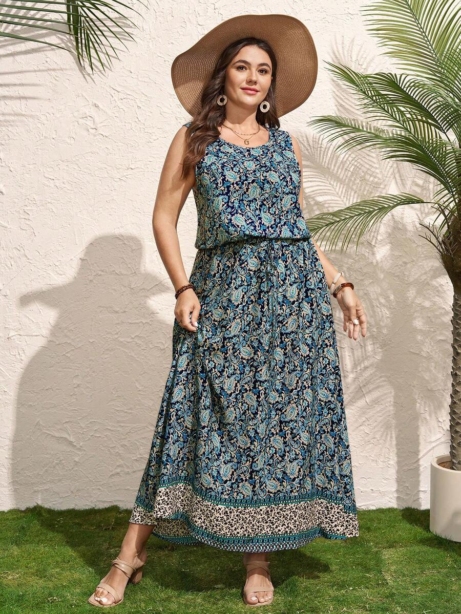 Comfylo Plus Size Casual Boho Cashew Flower Print Sleeveless Dress Holiday Outfits For Women Dresses Beach Holiday Vacation Dress Outfits Women Dresses Summer Dresses For Women Mother's Day Zanea Dress For Woman Yisikado Dress Z9v7r Ladies Dresses Women Dress Elegant Dress Resort Wear Women Dress Navy Blue Floral