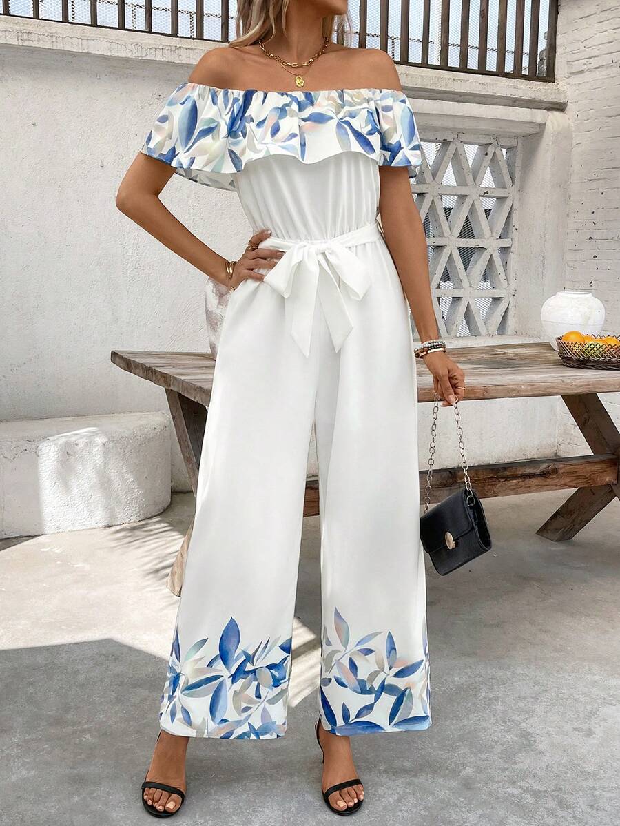 SHEIN Clasi Bộ jumpsuit nữ kiểu dáng thường ngày, in hoa, trễ vai, thích hợp cho kỳ nghỉ. - Màu be - Xem 1