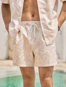 Mercer Haus Men's Summer Vacation Tropical Print Short Sleeve Shirt And Shorts Beach Outfit , Suitable For Summer Tropical Holiday Vacation In Hawaii. - Beige - View 6