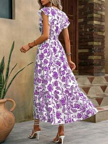 SHEIN Clasi Đầm Maxi Họa Tiết Bướm Tay Phồng Viền Xếp Ly Cho Nữ - Màu tím - Xem 2