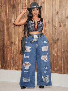 Slaydiva Plus Size Plain Simple Casual Distressed Denim Jeans - Blue - View 6