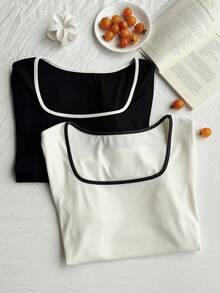 Comfortcana 2pcs/Set Women Square Neck Short Sleeve Casual Fitted Contrast Color Sexy T-Shirt, Suitable For Summer - Black and White - View 5