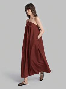 Ontre Đầm không tay kiểu dáng nghỉ dưỡng mùa xuân/hè 2026 mới dành cho nữ, có túi, chất liệu mềm mại và thoải mái, thời trang cho đi làm, công sở, tiệc trà, mặc hàng ngày, ngày Quốc khánh, trang phục công sở, đầm thường ngày, đầm đi nghỉ mát. - Màu Đỏ Sâu - Xem 4