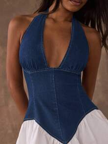 SHEIN BAE 女士撞色露背吊带牛仔连衣裙 - 深色水洗藍 - 查看 3