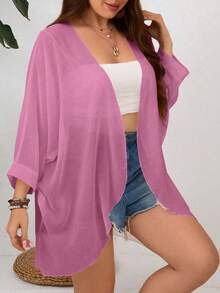 SHEIN Clasi 大码女式纯色七分袖开襟外套 - 珊瑚粉 - 查看 3