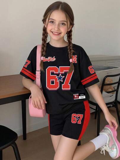 2pcs/Set 8-12 Years Old Girls Sports Style / Retro American Style Number 67 + New York Letter Print + Red Black Stripe Short Sleeve T-Shirt + Shorts Set, Lightweight Street Style, Suitable For Daily Wear, School, Sports, Casual, Children's Day, Spring Summer Autumn