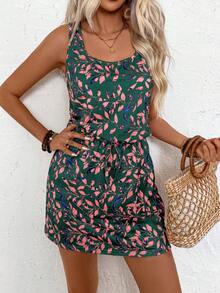 EMERY ROSE Summer Casual Leaf Printed Round Neck Sleeveless Drawstring Waist Dress Vacation Beach Outfits Women - Dark Green - View 4