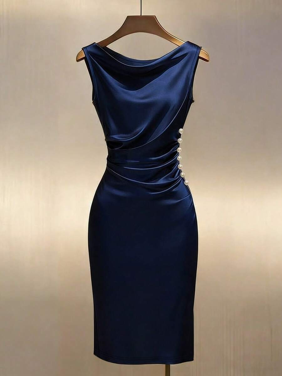 SHEIN Franclia Đầm satin màu sâm panh cổ đổ không tay ôm sát - Màu xanh hải quân - Xem 1