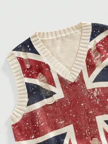 ROMWE MEN Áo vest dệt kim cổ chữ V họa tiết cờ Anh dành cho nam, kiểu dáng thường ngày, phong cách bụi bặm. - Màu be - Xem 3