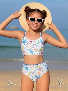 SHEIN 少女比基尼套装，可爱蓝色多色海洋星珊瑚贝壳针织面料，吊带荷叶边露脐上衣和泳裤两件套泳装，时尚优雅休闲，适合游泳、夏季度假、海滩、泳池、假日派对 - 彩色 - 查看 12