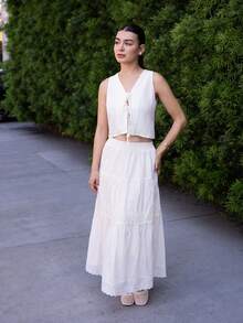 Andrea Bello Áo cánh buộc dây phía trước bằng vải lanh dành cho nữ, áo không tay - Màu be - Xem 5