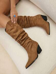 Daringsoles Giày bốt nữ mũi nhọn, kiểu dáng đa năng, cao đến giữa bắp chân, thích hợp mang hàng ngày. - màu nâu - Xem 2