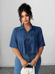 Elenzga Women's Pleated Bow Front Short Elegant Blouse - Blue - View 4