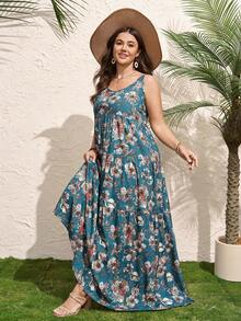 SHEIN LUNE 大码印花无袖长款连衣裙，适合海滩和夏季度假 - 綠色 - 查看 6