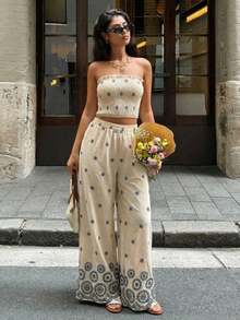 Firerie 女士度假撞色印花优雅休闲弹力修身褶皱上衣阔腿裤套装抹胸上衣和裤子套装女士夏季服装女士两件套度假服装女士度假两件套波西米亚风女装花卉假日度假村 - 彩色 - 查看 5