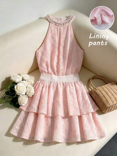 GlowEve Pink Sleeveless Top With Pearls And Elegant Cake Skorts, Vacation/Holiday/Birthday/Valentine's Day Outfit, Sweet Lace Jacquard 2-Piece Set For Women, Summer