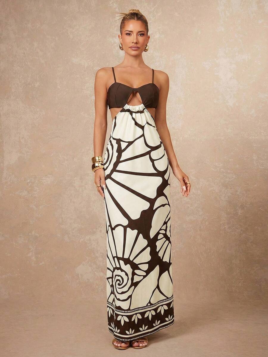 Lumalex 女士棕色印花镂空设计吊带连衣裙罩衫
