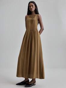 Ontre 2026春夏新款女士百褶裙连衣裙，配缎带肩带，长款休闲/商务通勤连衣裙，优雅OL装，派对/聚会连衣裙，度假沙滩连衣裙 - 棕色 - 查看 7