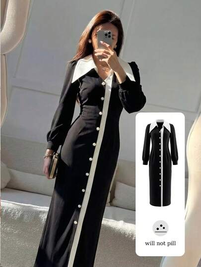 Modelyn 女士春夏黑色针织长袖撞色白色针织纽扣腰修身休闲中长连衣裙