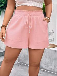 EMERY ROSE Plus Size Pink Textured Casual Shorts, Ruffle Elastic Waist Drawstring Pocket Loose Hot Pants For Summer Vacation Beach - Pink - View 1