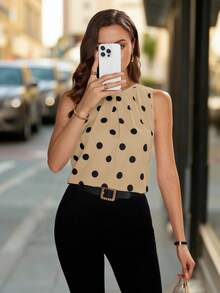 Editum Áo sơ mi nữ không tay in họa tiết chấm bi thanh lịch, áo kiểu công sở mùa hè cho nữ, trang phục mùa hè, áo chấm bi, áo mùa hè. - Màu Khaki - Xem 6