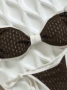 Swim Mod Conjunto de bikini con tirantes de espagueti de tela jacquard para mujer, primavera/verano - Marrón - Ver 5