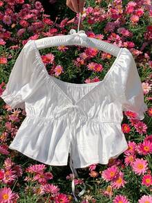 Comfortcana Áo sơ mi nữ màu trắng dệt kim thắt nơ phía trước - trắng - Xem 6