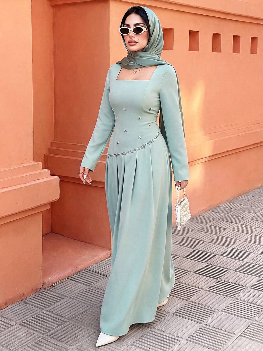 SHEIN Elenzya 优雅的女士绿色冬季连衣裙，带有水钻设计，适合约会、派对和聚会 - 綠色 - 查看 1