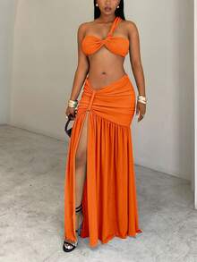 BamGleam Top de un solo hombro corto, falda larga de parche con volantes de malla, conjunto sexy de 2 piezas para vacaciones en la playa para mujeres - Naranja Coral - Ver 7