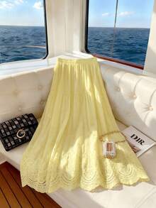 Mulvari 女士中长款松紧腰镂空刺绣半身裙，春夏款 - 淡黃色 - 查看 9