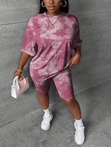 Slaydiva Plus Size Women Tie-Dye Ribbed Drop Shoulder Short Sleeve T-Shirt & Shorts 2-Piece Set - Pink - View 4