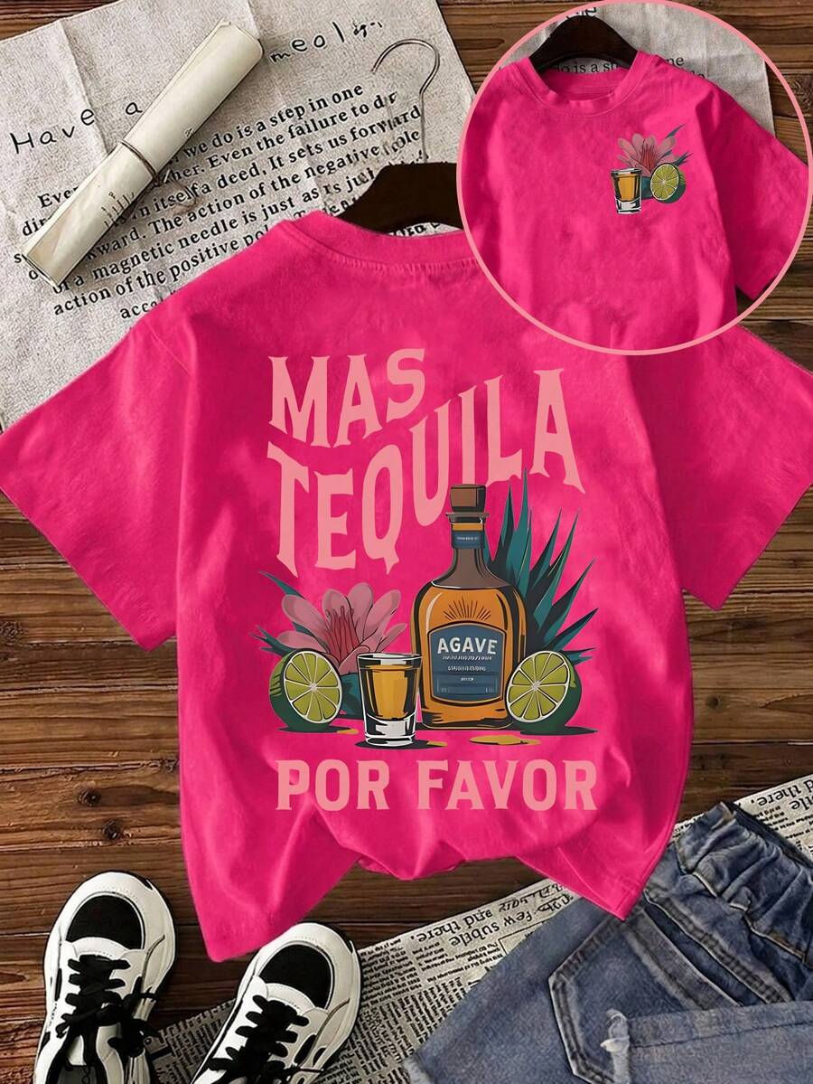 Flirla Plate-Size Casual Tequila Sunrise Cocktail & Printed Round-Neck T-Shirt, Lightweight Spring And Summer Women's Sweatshirt - Hot Pink - View 1
