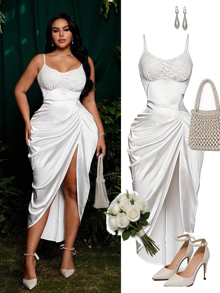 Roveilla 大码女装：婚纱、伴娘礼服、派对礼服、约会礼服、度假礼服。大码女装夏季服装：大码吊带背心、夏季连衣裙、优雅的度假及派对服装、生日服装、情人节服装、凸显身材的度假装 - 白色 - 查看 1