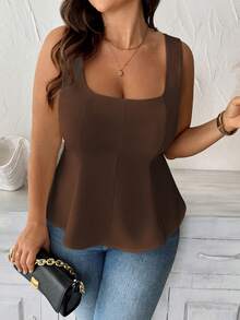 Vionelle Plus Size Women Summer Elegant Brown Sleeveless Blouse,Autumn Everyday Casual Wave Hem Vest Top,Classy Office Holiday Workwear Business Fashion Tops - Coffee Brown - View 3