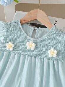 SHEIN Vintaside Kids 年轻女孩优雅甜美可爱贴花圆领短袖荷叶边下摆宽松休闲时尚连衣裙，适合夏季度假旅行 - 綠色 - 查看 7