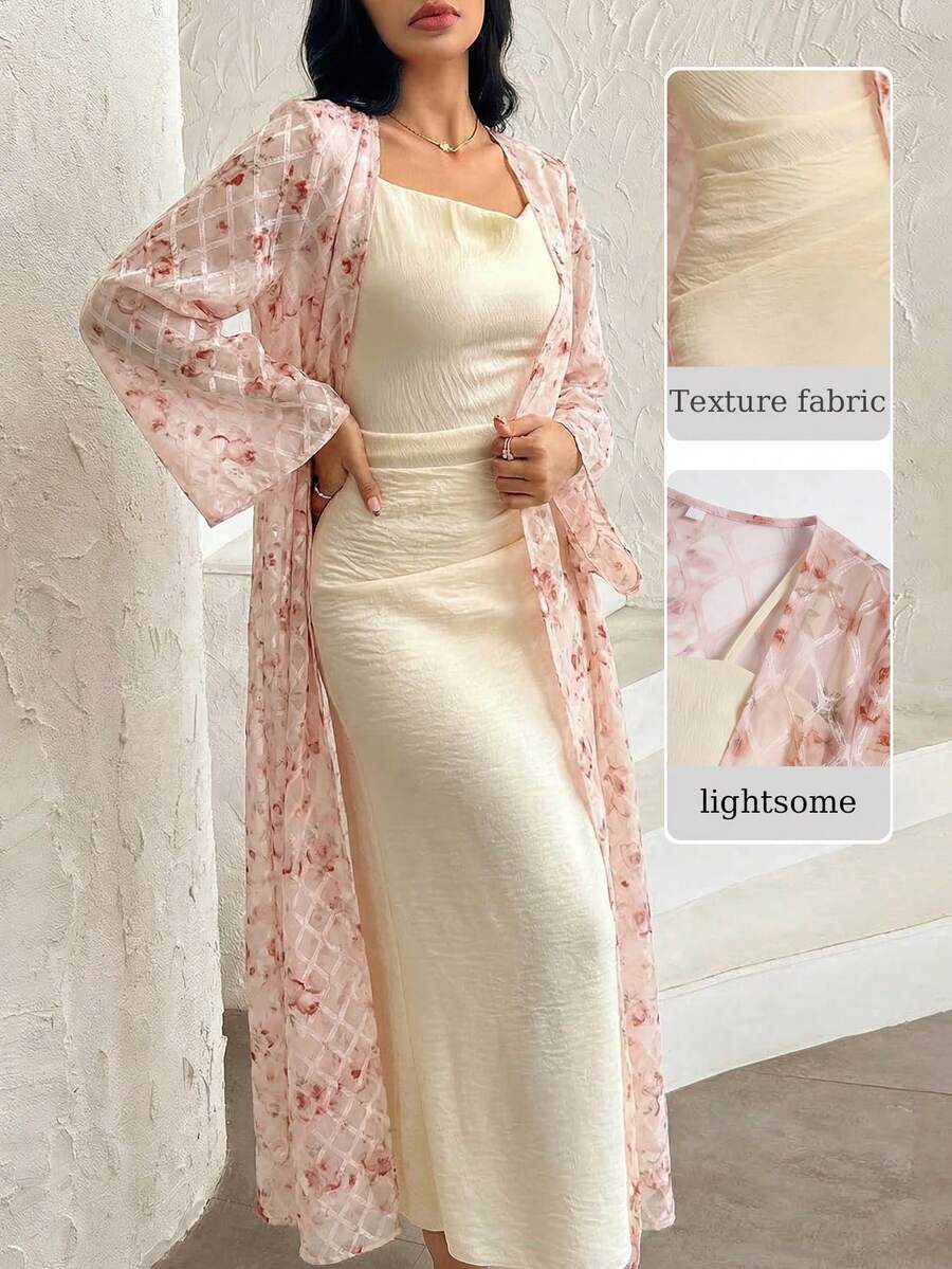 Modelyn Bộ đồ 2 món dành cho nữ: Áo khoác dài tay in họa tiết jacquard màu vàng thanh lịch, lãng mạn và váy chữ A màu mơ dệt kim, thắt eo, thích hợp cho mùa xuân/hè. - Hồng - Xem 1