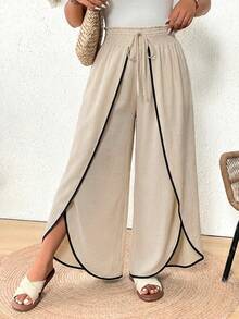 SHEIN Frenchy Quần sọc cỡ lớn, quần ống rộng cạp cao, thích hợp cho mùa hè, kỳ nghỉ và thể thao. - Màu be - Xem 6